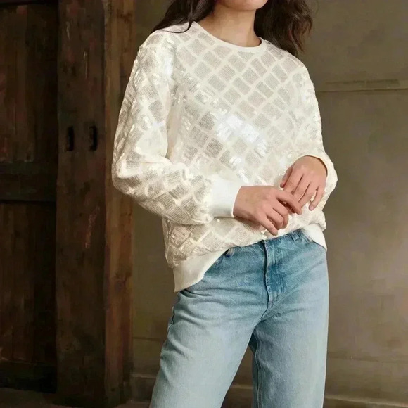 Beige Casual Women's Studded & Sequin Embellished Round Neck Loose Fit - Picture 7 of 7